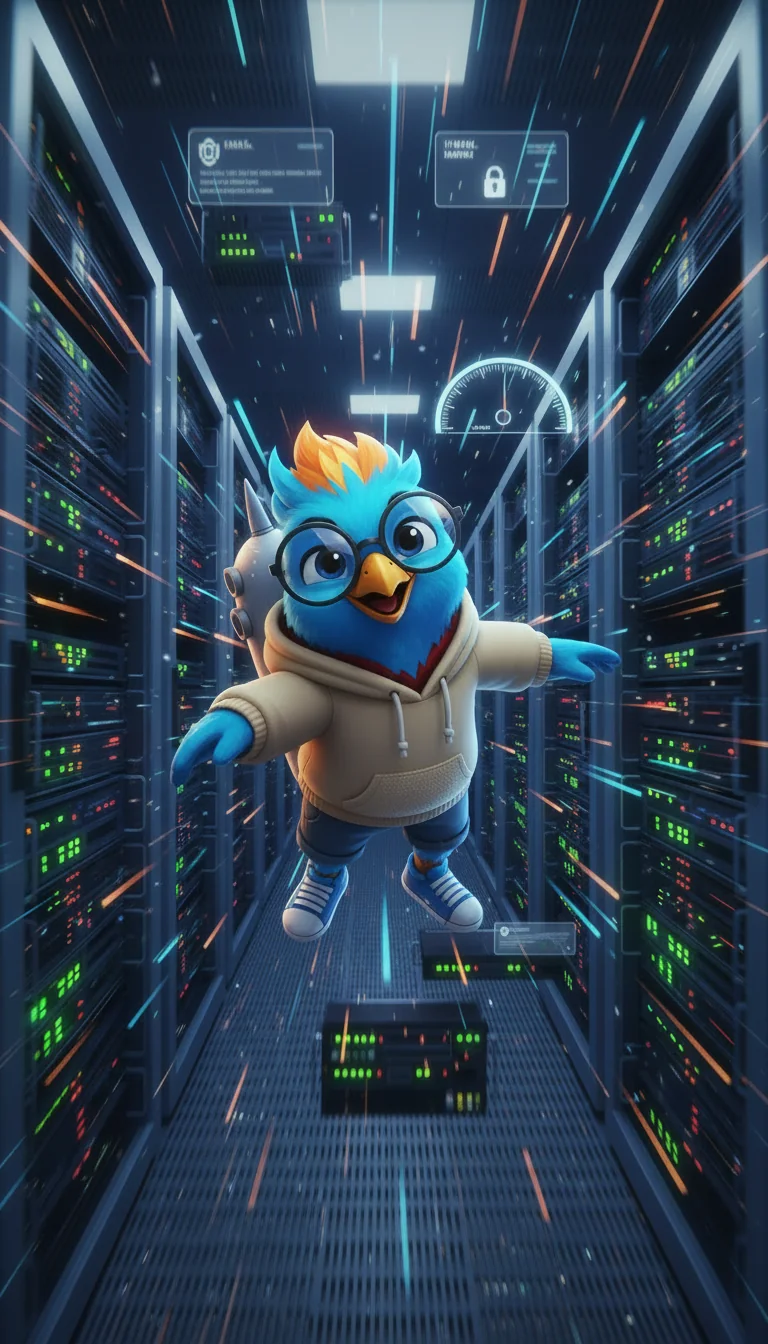 Pássaro animado flutuando em centro de dados.