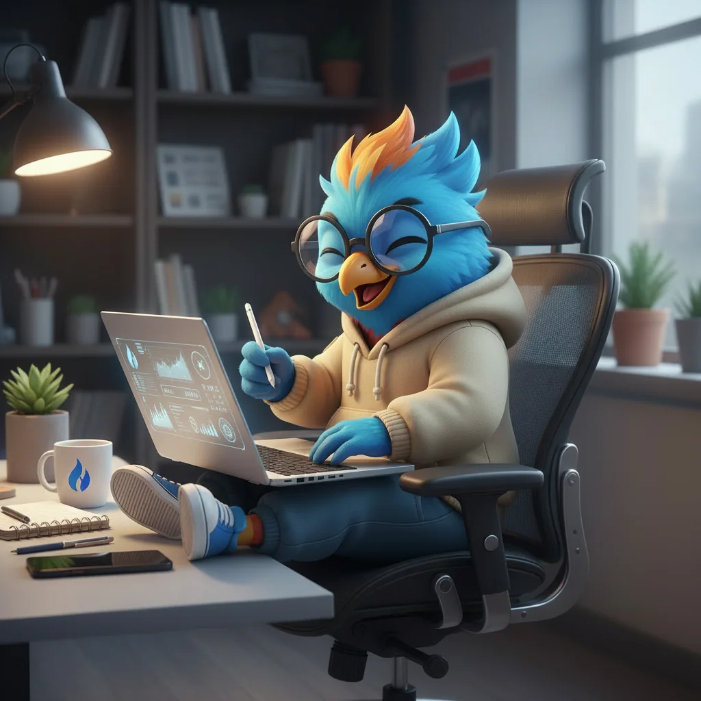 Pássaro animado usando laptop no escritório. Tecnologia.