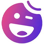 Ícone grafico de rosto sorridente estilizado em roxo.