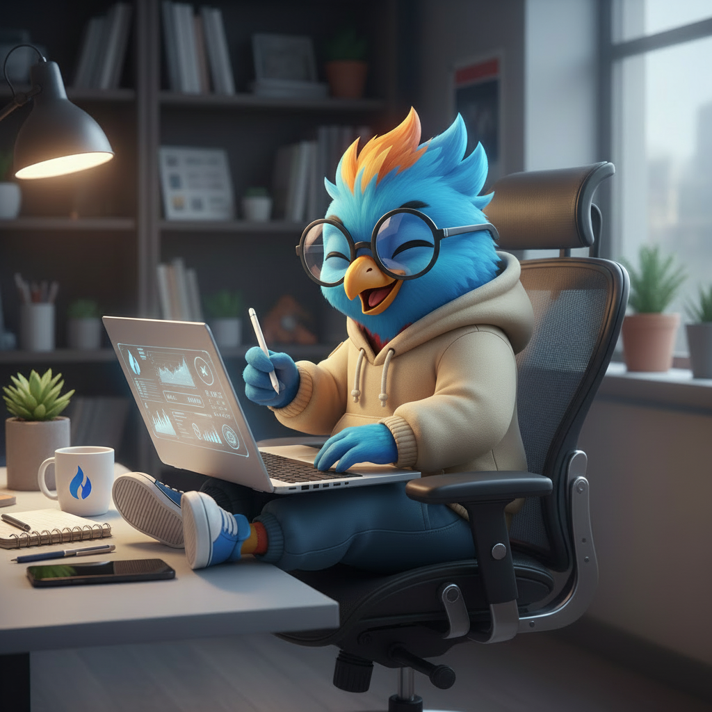 Pássaro animado usando laptop no escritório. Tecnologia.