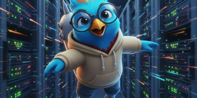 Pássaro animado flutuando em centro de dados.